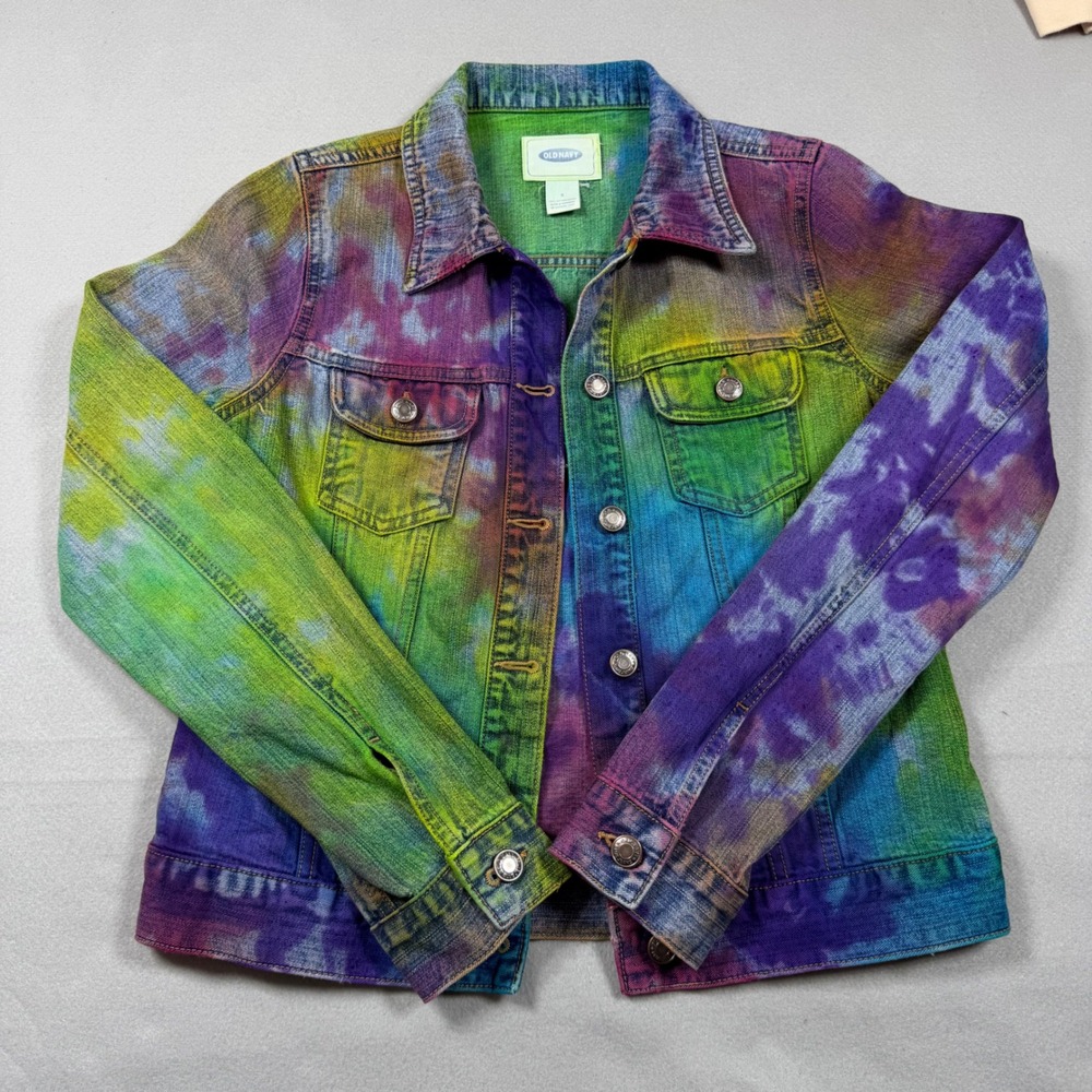 Old Navy Tie Dye Denim Jacket Womens S Multicolor Psychedelic Festival Trucker